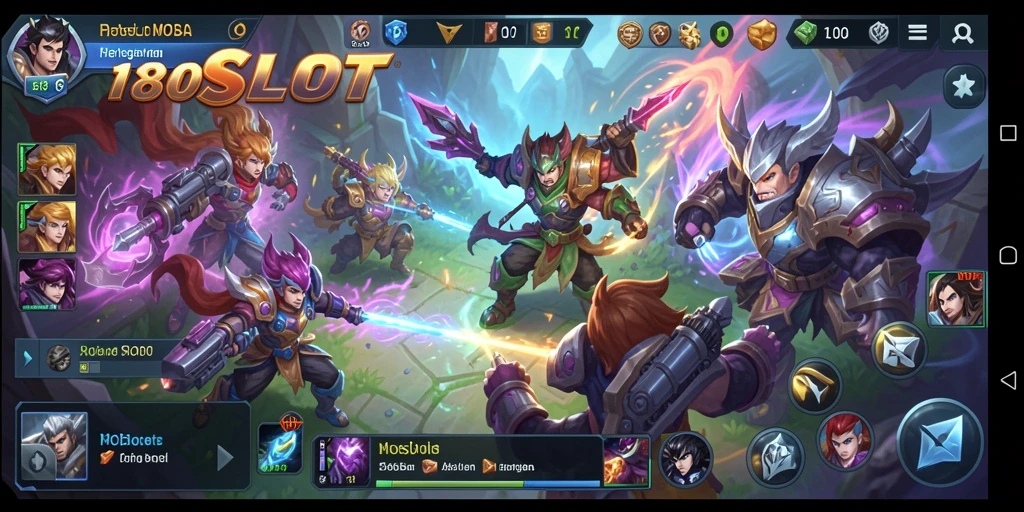 Screenshot utama 180SLOT menampilkan aksi pertempuran tim di arena.