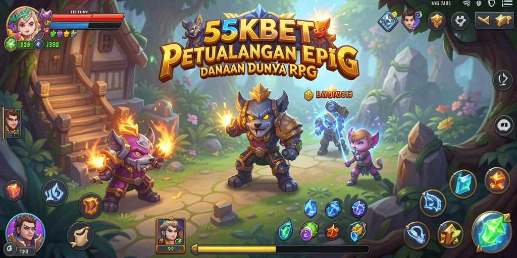 Screenshot gameplay <strong>55KBET</strong> yang menunjukkan pertarungan epik antara karakter dan monster.