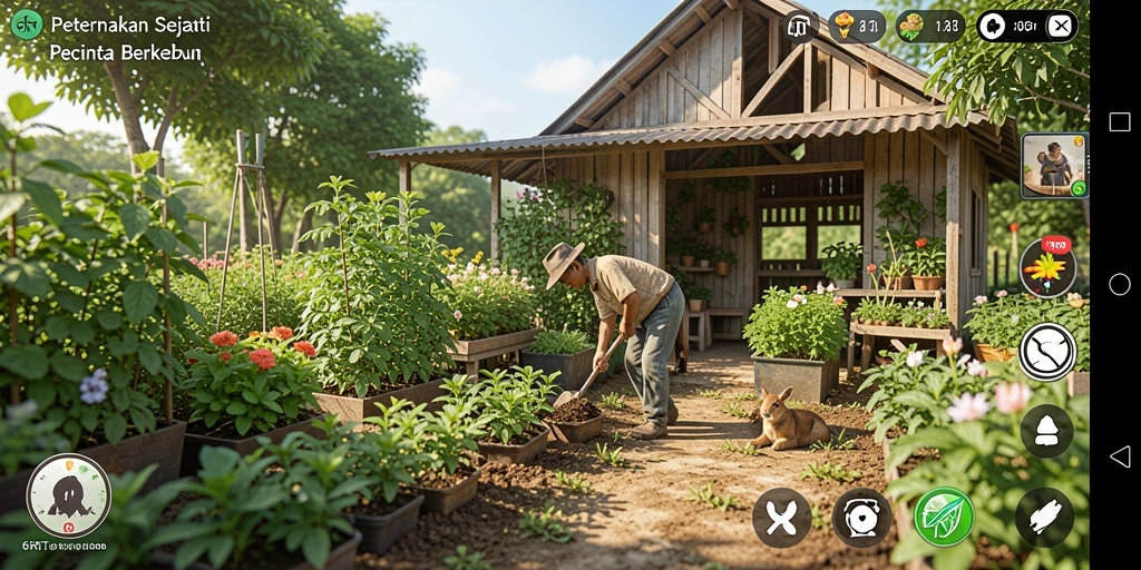 Tampilan gameplay 6RT dengan fitur bertani dan berkebun.