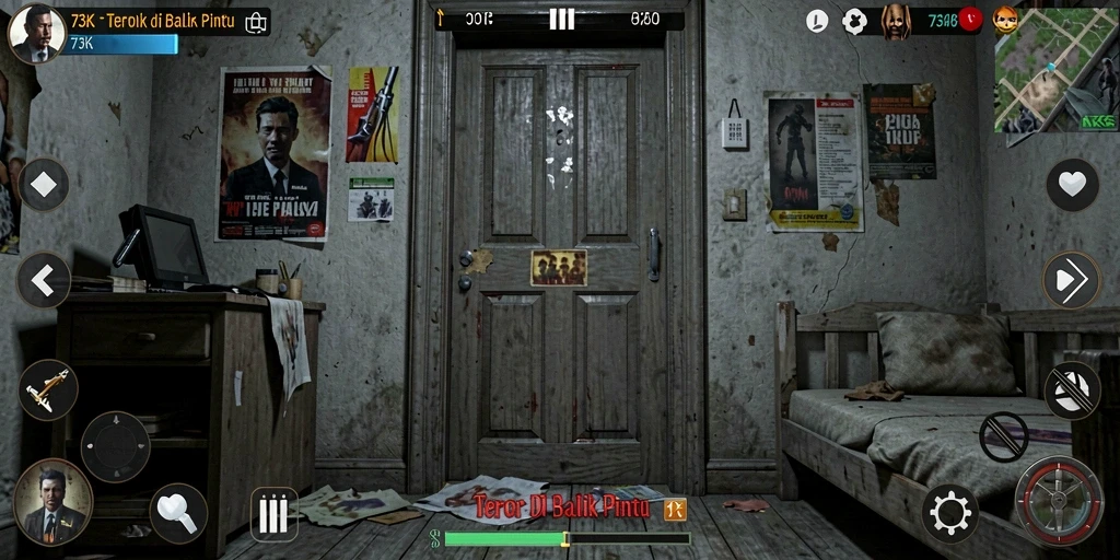 Screenshot gameplay 73K menampilkan momen menegangkan dalam suasana gelap.