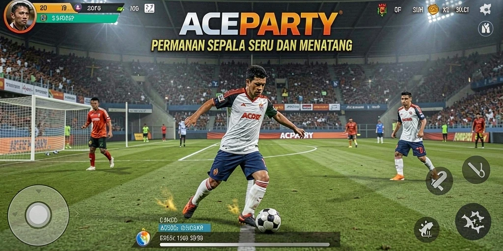 Screenshot gameplay ACEPARTY dengan aksi pertandingan sepak bola yang mendebarkan.