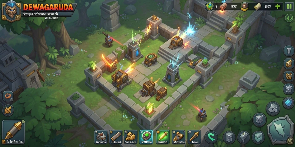 Tampilan gameplay strategis DEWAGARUDA menampilkan pertahanan tower yang mengesankan.