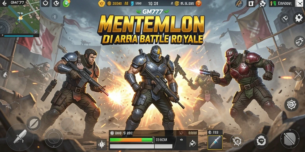 Screenshot gameplay GM777 menampilkan aksi pertempuran seru di arena Battle Royale.