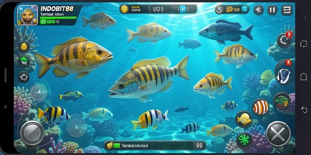 Tampilan utama gameplay seru INDOBIT88 dengan aksi menembak ikan.