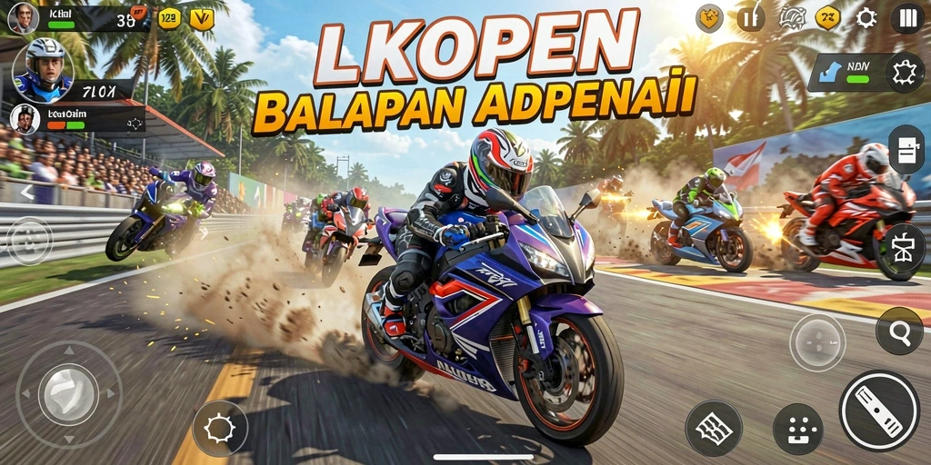 Screenshot gameplay LKOPEN menampilkan balapan motor yang intens dan menegangkan.