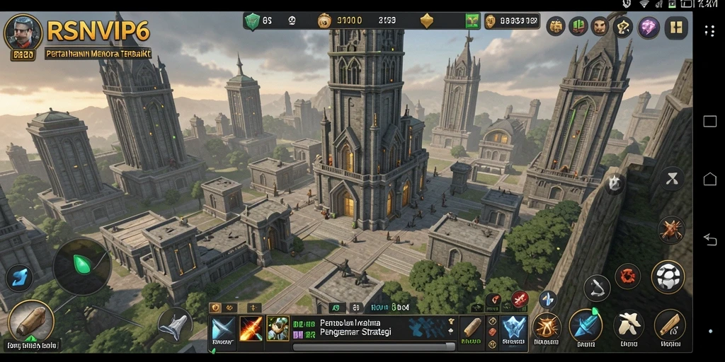 Screenshot gameplay RSNVIP6 yang menunjukkan aksi pertahanan menara.