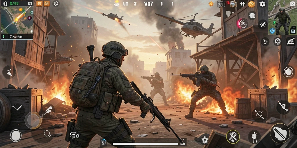Tangkapan layar gameplay V07 menunjukkan aksi pertempuran Battle Royale yang mendebarkan.